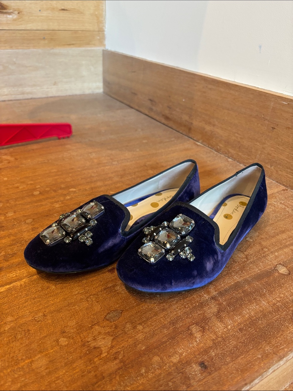 Boden Deep Navy Velvet Jeweled Loafers